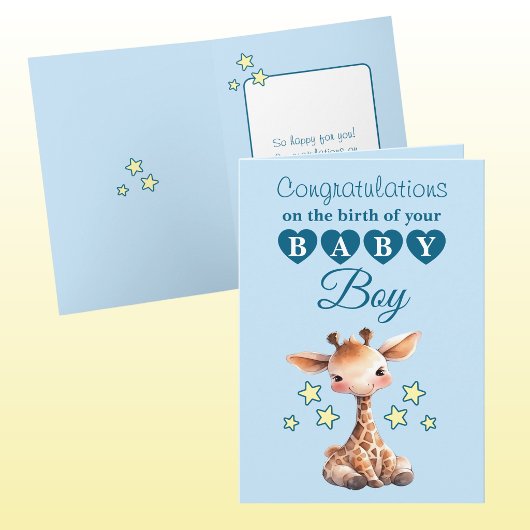 Carte Félicitations petit garçon girafe bleu
