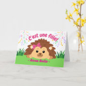 Carte Félicitations pour bébé fille avec hérisson (Fleur jaune)