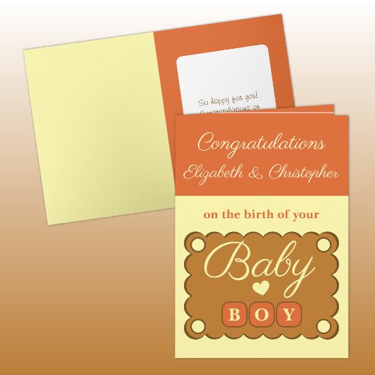 Carte Félicitations pour bébé garçon orange jaune
