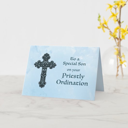 Carte Félicitations pour son Ordination Croix Ornée (Fleur jaune)