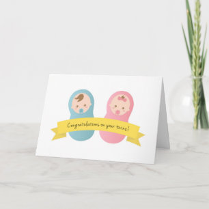 Carte Félicitations pour vos jumeaux ! Bébé garçon et fi