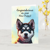 Carte Félicitations pour votre nouveau chiot | Husky (Fleur jaune)