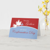 Carte Félin de confirmation sur fond rouge et bleu (Fleur jaune)