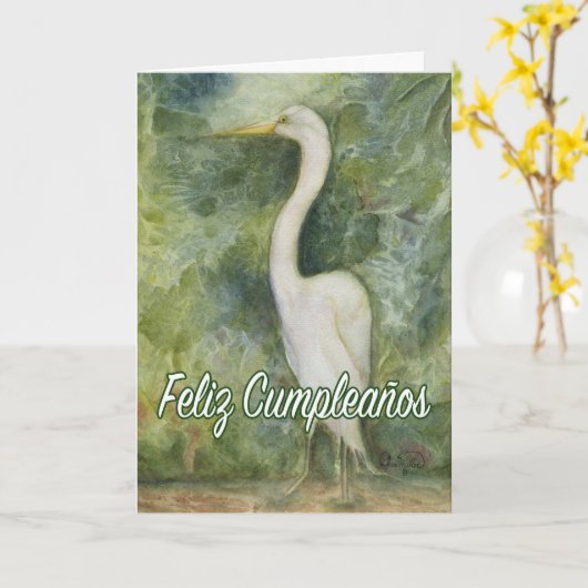 Carte Feliz Cumpleaños Garza blanca Egret espagnol B-Day (Fleur jaune)