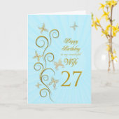 Carte Femme 27ème anniversaire avec papillons dorés (Fleur jaune)