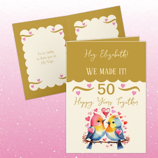 Carte Femme 50e anniversaire oiseaux or rose