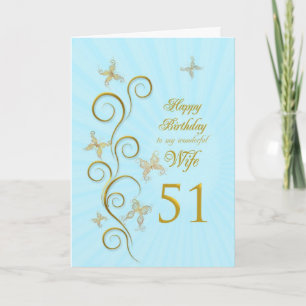 Carte Femme 51e anniversaire avec papillons dorés
