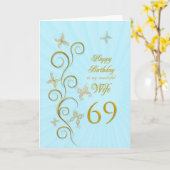 Carte Femme 69e anniversaire avec papillons dorés (Fleur jaune)