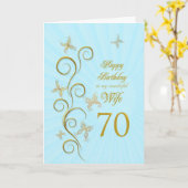 Carte Femme 70e anniversaire avec papillons dorés (Fleur jaune)