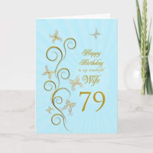 Carte Femme 79e anniversaire avec papillons dorés (Devant)
