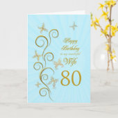 Carte Femme 80e anniversaire avec papillons dorés (Fleur jaune)