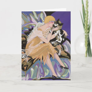 Carte Femme Art Déco Vintage avec Chat par S. Chompre