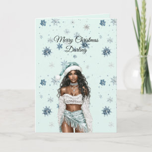 Carte Femme aux cheveux noirs flocons de neige bleu ment