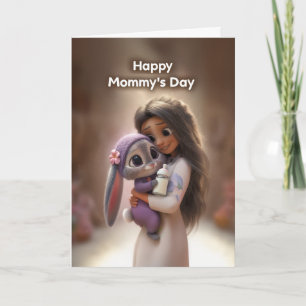Carte Femme avec bébé lapin en violet : Bonne fête maman