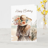 Carte Femme Avec Casquette De Plage Anniversaire (Fleur jaune)