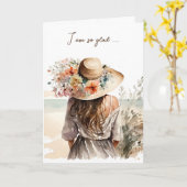 Carte Femme Avec Casquette De Plage Anniversaire (Fleur jaune)