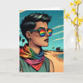 Carte Femme blanche avec lunettes de soleil arc-en-ciel (Fleur jaune)