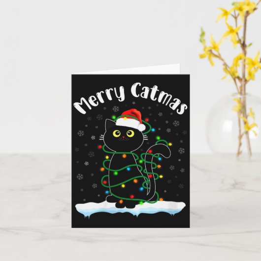 Carte Femme Catmas Chat portant un chapeau de Père Noël (Fleur jaune)