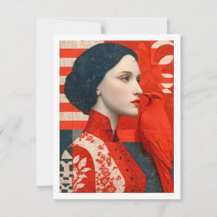 Carte Femme dans une robe fleurie rouge et un oiseau rou
