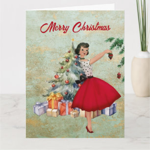 Carte Femme de Noël 1950 avec sapin de Noël