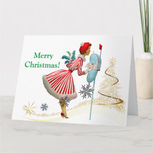 Carte Femme de Noël vintage 1950 avec des cadeaux