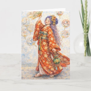Carte Femme Élégante en Kimono avec Éventail