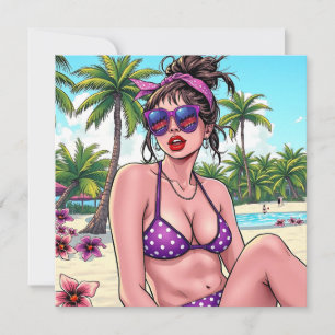 Carte Femme en Bikini et Bandanna à la plage