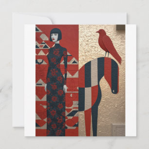 Carte Femme en robe fleurie, à damiers cheval & redbird