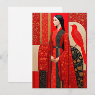 Carte Femme en robe fleurie rouge & un oiseau rouge