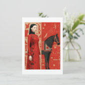 Carte Femme en robe rouge fleurie & cheval noir (Debout devant)