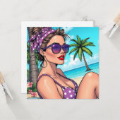 Carte Femme en violet Polka Dot Bikini sur la plage vier (Devant/Arrière en situation)