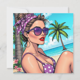 Carte Femme en violet Polka Dot Bikini sur la plage vier