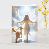 Carte Femme et Goldendoodle à la porte du Ciel (Fleur jaune)