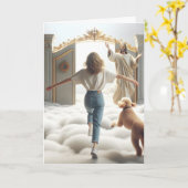 Carte Femme et Labradoodle à la porte du Ciel (Fleur jaune)