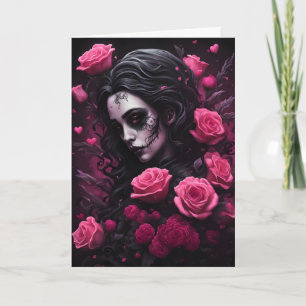 Carte Femme goth tatouée Fleurs roses et rouges Saint-Va