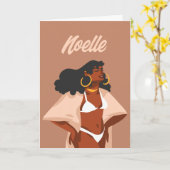 Carte Femme noire, Bikini Blanc Vide Salutation (Fleur jaune)