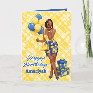 Carte Femme Noire Élégante Anniversaire Citron Bleu & Ja
