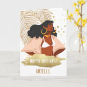 Carte Femme noire, Feuille Tropicale Or, Anniversaire (Fleur jaune)