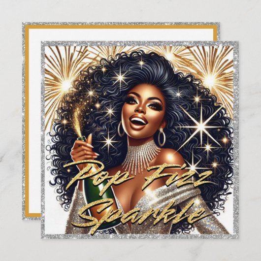 Carte Femme Noire Glamour Faisant Saute une Bouteille de (Devant / Derrière)