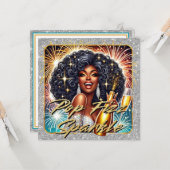 Carte Femme noire glamour Popping Champagne Nouvel An (Devant/Arrière en situation)