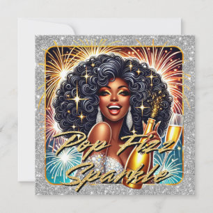 Carte Femme noire glamour Popping Champagne Nouvel An