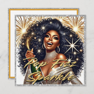 Carte Femme noire glamour Popping Champagne Nouvel An