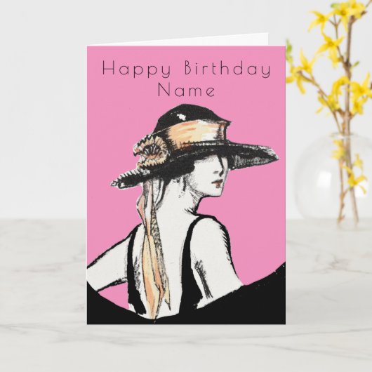 Carte Femme Rétro Chapeau Noir Art Déco Anniversaire Ros (Fleur jaune)