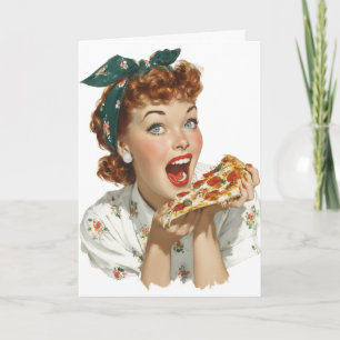 Carte Femme Rétro Savourant une Tranche de Pizza