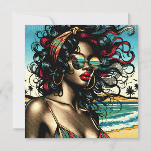 Carte Femme Rétro sur la Plage Style Bande Dessinée Pop 