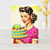 Carte Femme rétro tenant un Anniversaire de mari de gâte (Fleur jaune)