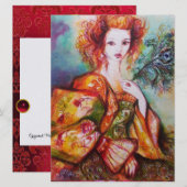 Carte FEMME ROMANTIQUE AVEC PLUME DE PAON ÉTOILÉE, Rouge (Devant / Derrière)