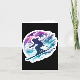 Carte Femme skieuse aquarelle art fille qui skie amoureu