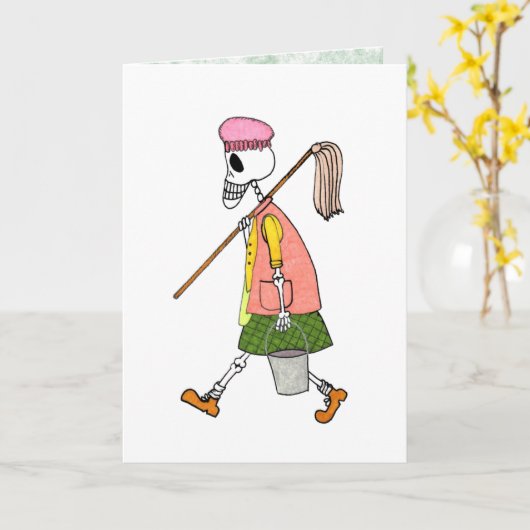 Carte Femme squelette mignonne avec balai & seau (Fleur jaune)