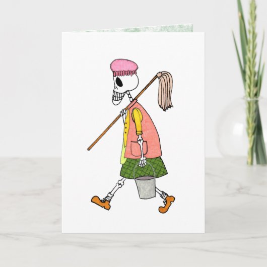 Carte Femme squelette mignonne avec serpillière et seau (Devant)